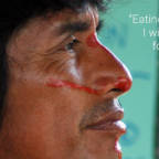 Bilde av Edwin Chota i profil med teksten: "Eating or not eating, I will keep fighting for my territory."